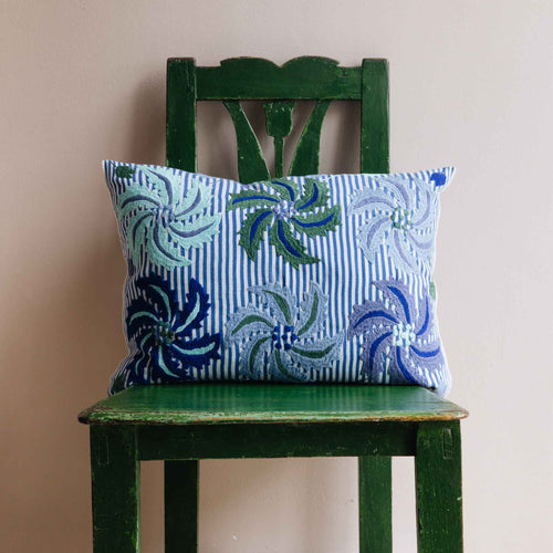 marcella oblong cushion blue aqua green mexican embroidery