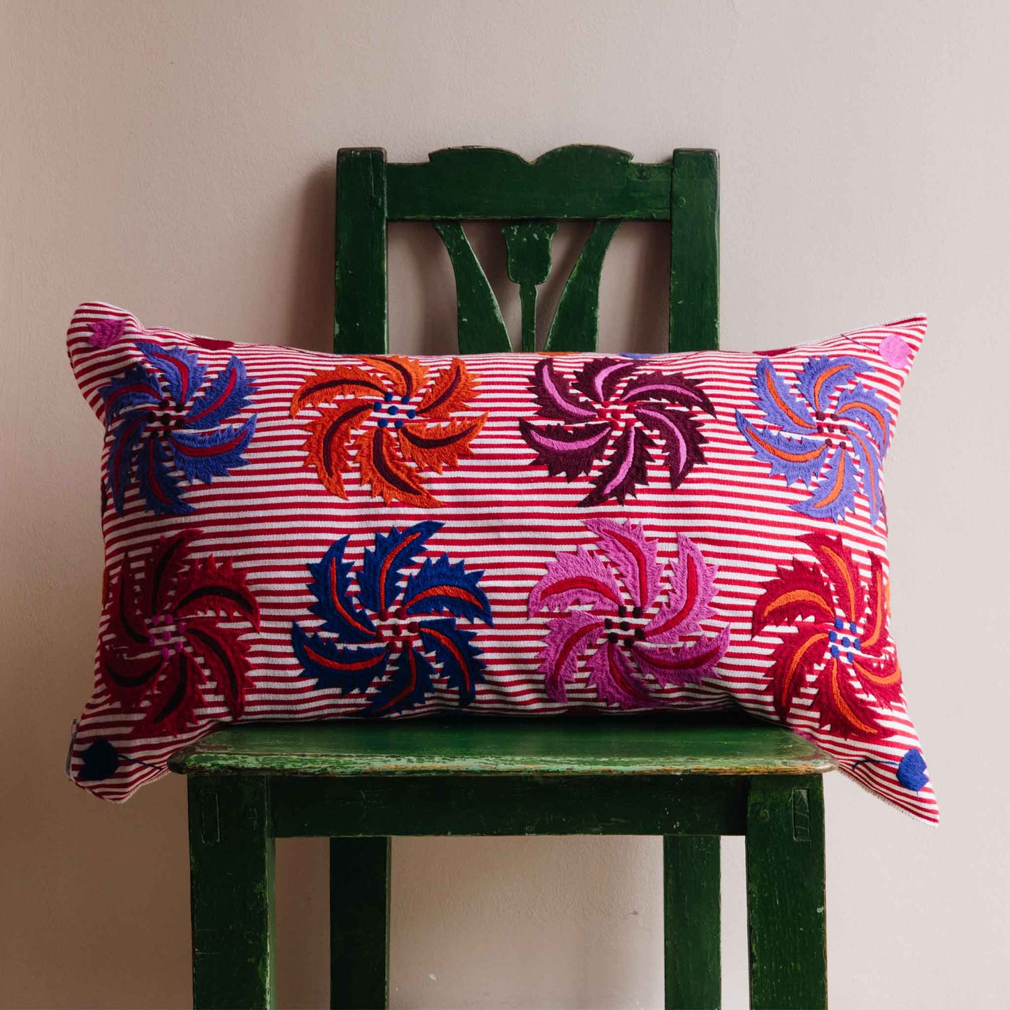 marcella oversized oblong cushion red purple pink mexican embroidery