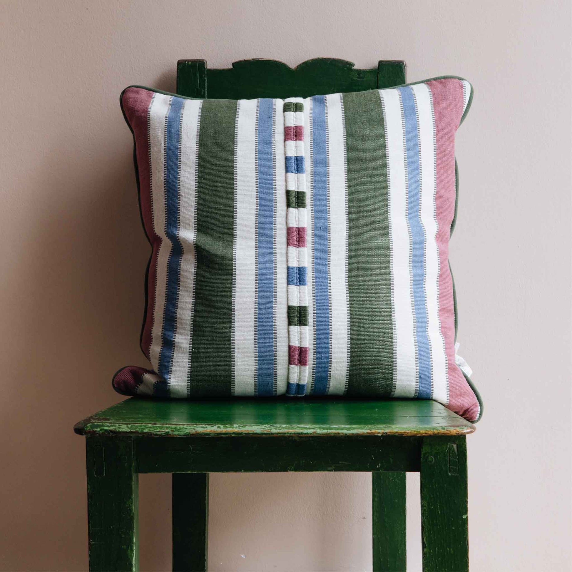 raya guatemalan stripe square cushion pink green blue
