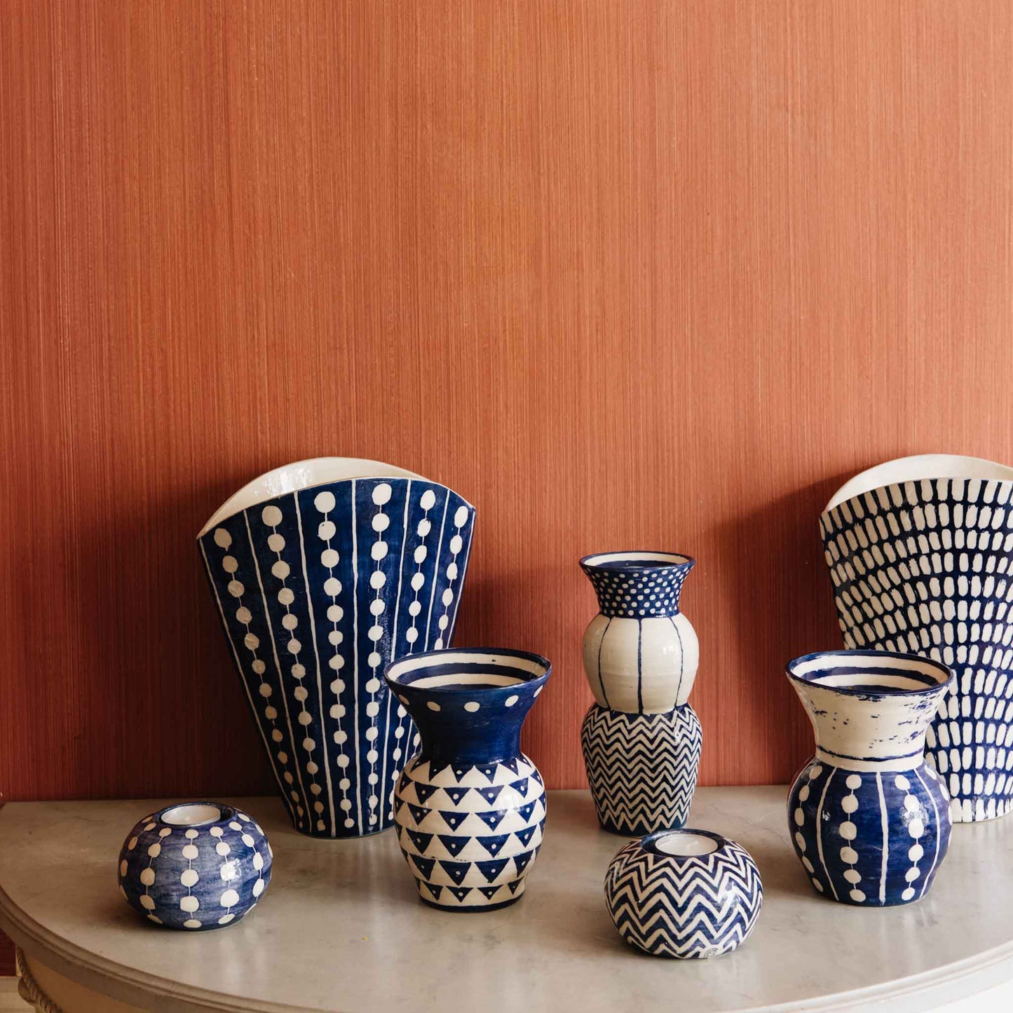 ceramic dot stripe fan vase indigo handmade