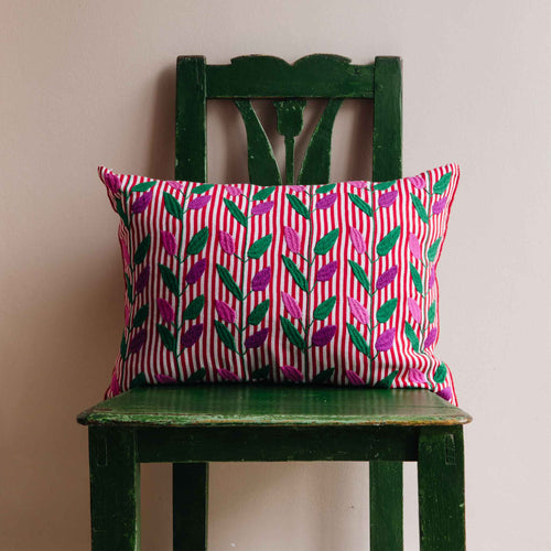 zinacantan oblong cushion red pink purple mexican embroidery