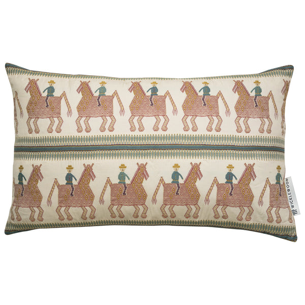 Blue red multi oblong geometric reversible cushion with horse design 