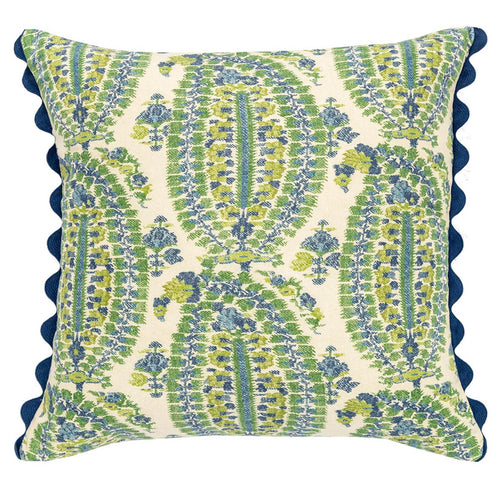 Anoushka paisley blue green square cushion navy scallop ric rac Wicklewood