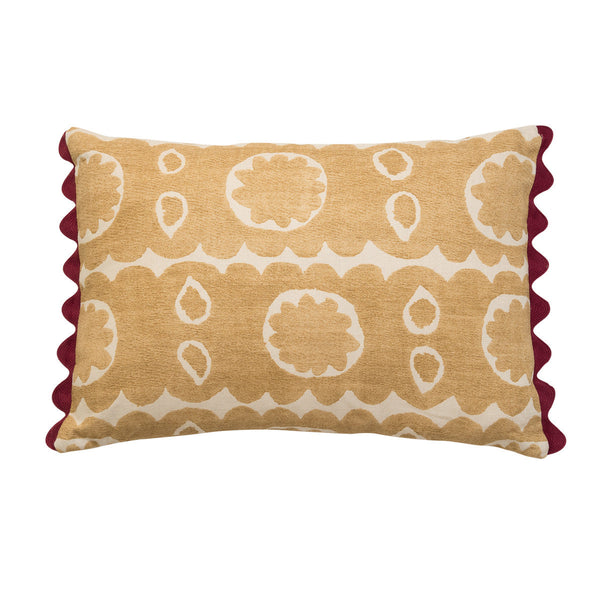 Yellow gold floral oblong fusion with red burgundy scalloped trim.