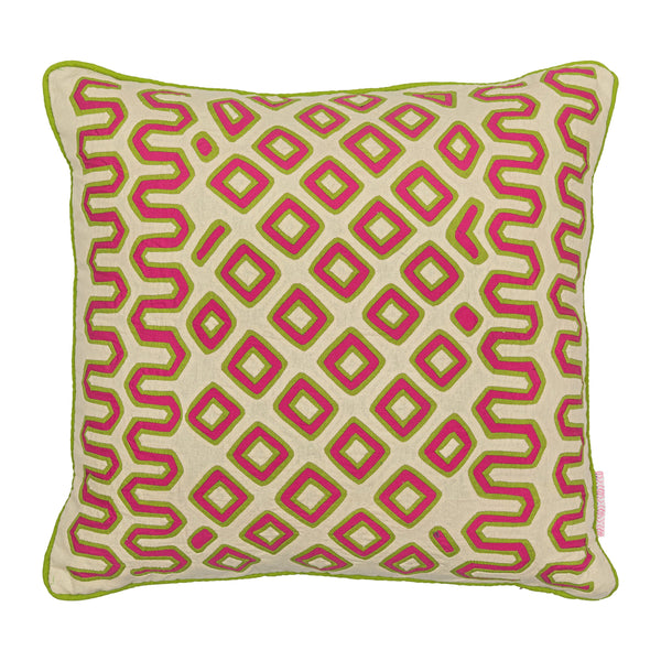 Pink and green appliqué geometric cushion Wicklewood Mola Sasa