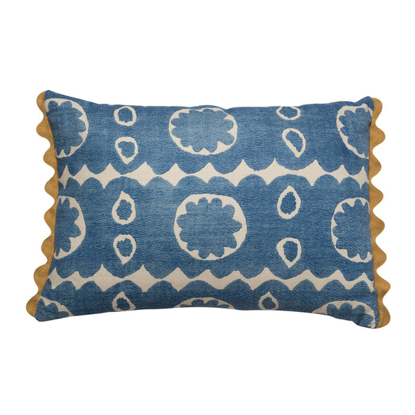 Blue and white floral motif oblong cushion with yellow scallop trim
