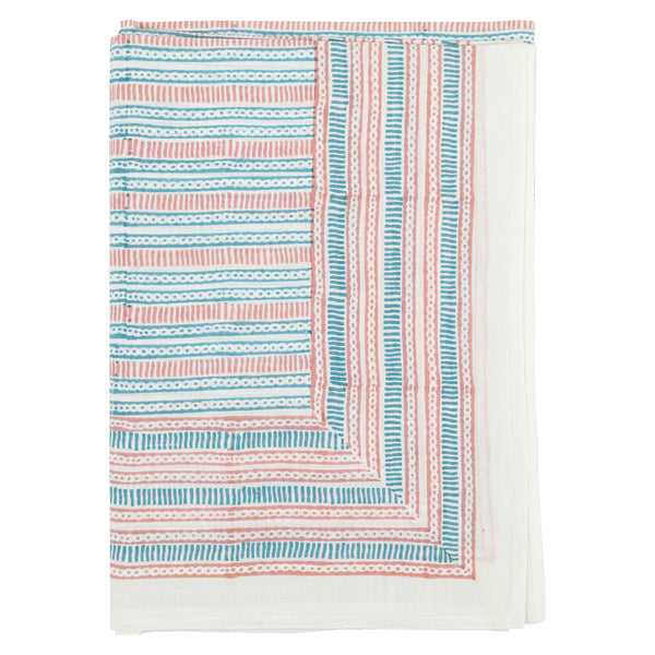 Lines and Dots block printed Tablecloth Blue Pink
