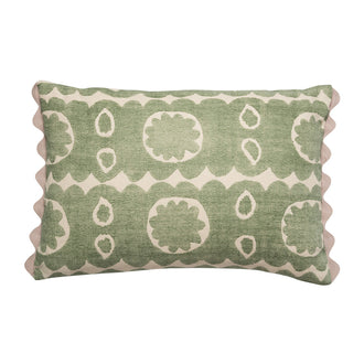 Floral blond green cushion with cream tan trim.