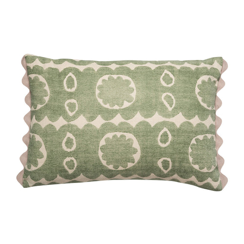 Floral blond green cushion with cream tan trim.