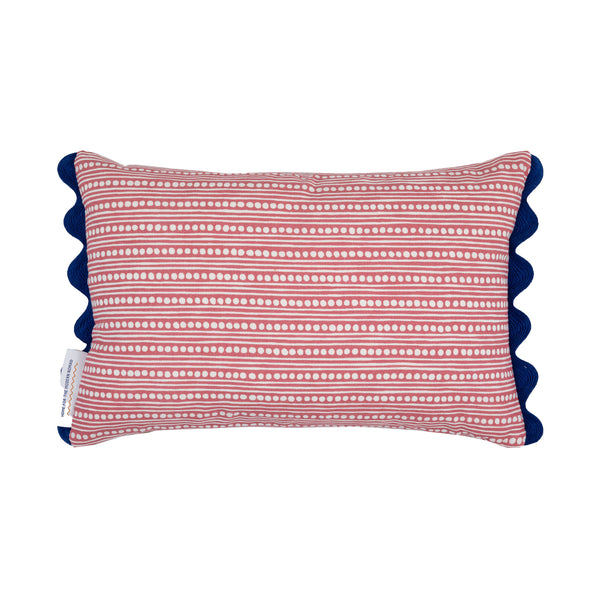 Embroidered red blue dots stripes oblong cushion with navy blue scalloped trim