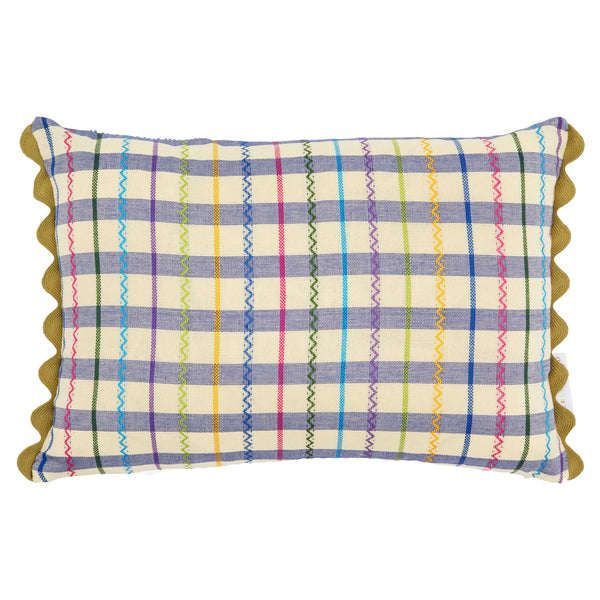 Gingham striped blue multi cushion with yellow scalloped trim