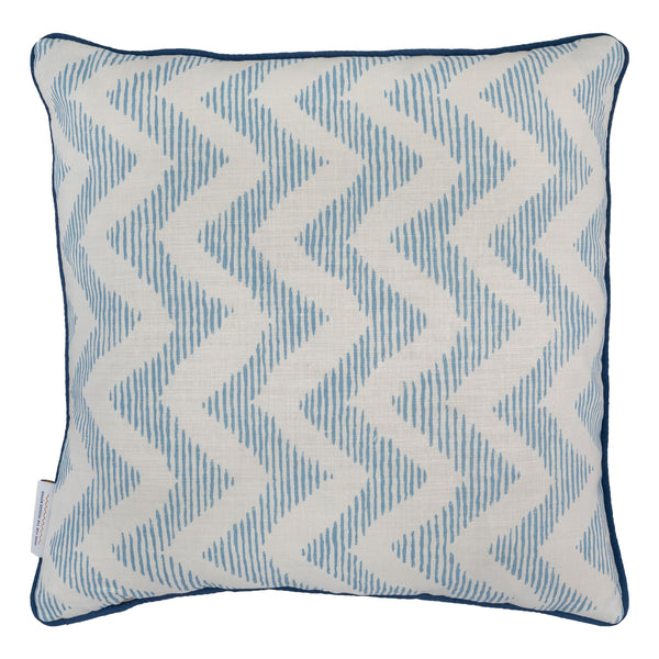 Ikat Stripe blue and white patterned cushion with zig zag back