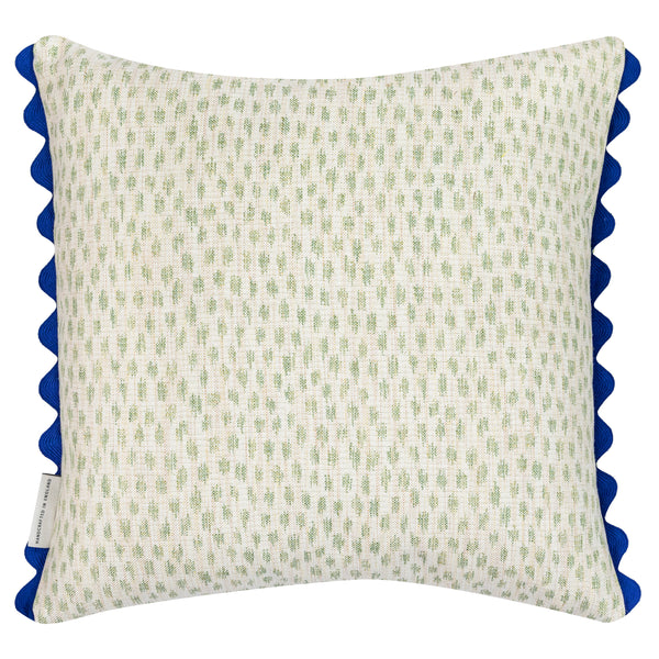 Reversible spotted green motif square cushion with indigo scalloped trim