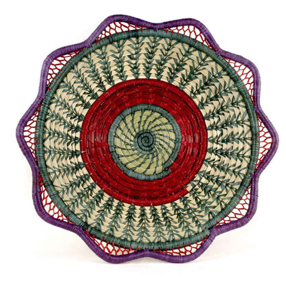 pine needle handwoven basket purple green red