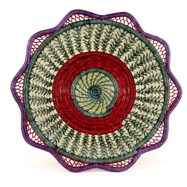 pine needle handwoven basket purple green red