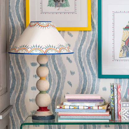 Tess Newall & Alfred Newall collaboration with Wicklewood - hand painted lampshades and handmade wooden bobbin lamps