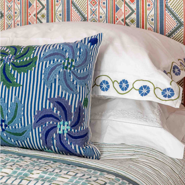 Striped floral motif Marcella oblong cushion blue aqua green Wicklewood