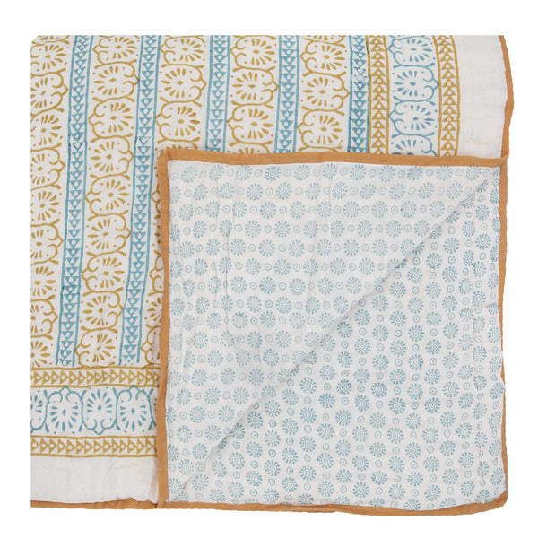 blue and yellow hand block printed bed quilt from Wicklewood