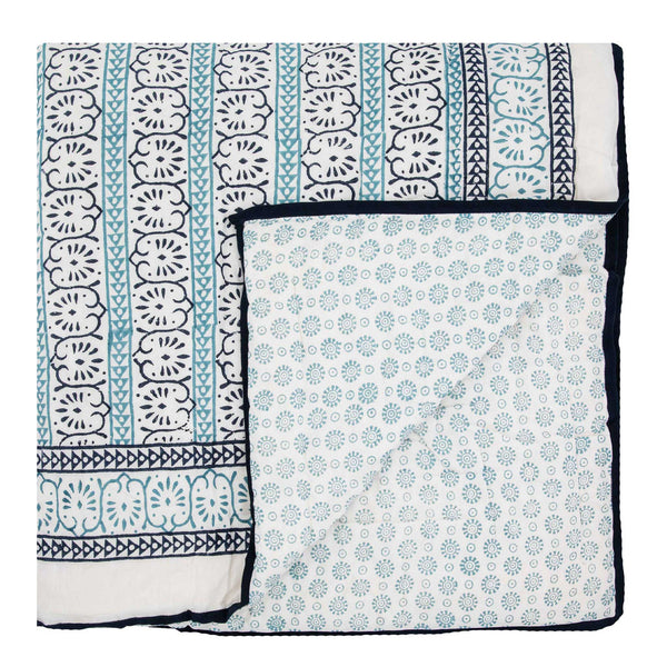 Dark blue and light blue hand block printed reversible bed quilt from Wicklewood