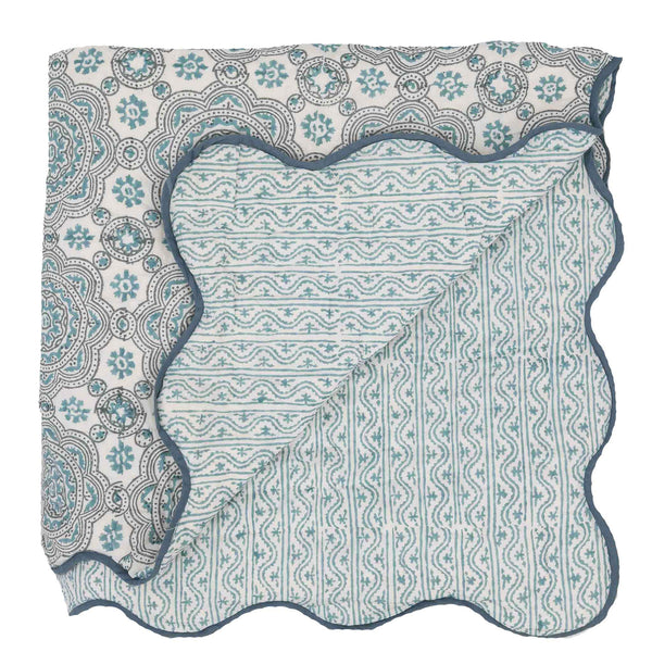 Calabria hand block printed Scallop Quilt Blue Wickewood