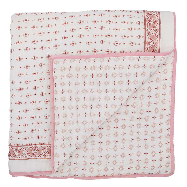 Pink and white reversible hand block printed bed quilt