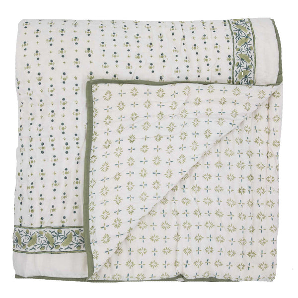 green and blue hand block printed reversible quilt from Wicklewood