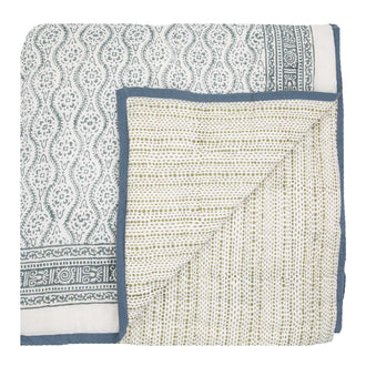 Blue and green hand block printed reversible bed quilt