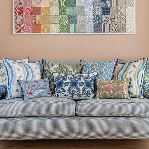 ikat stripe green blue cushion