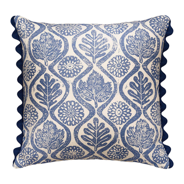 Floral nature blue printed cushion with navy blue scalloped trim. 