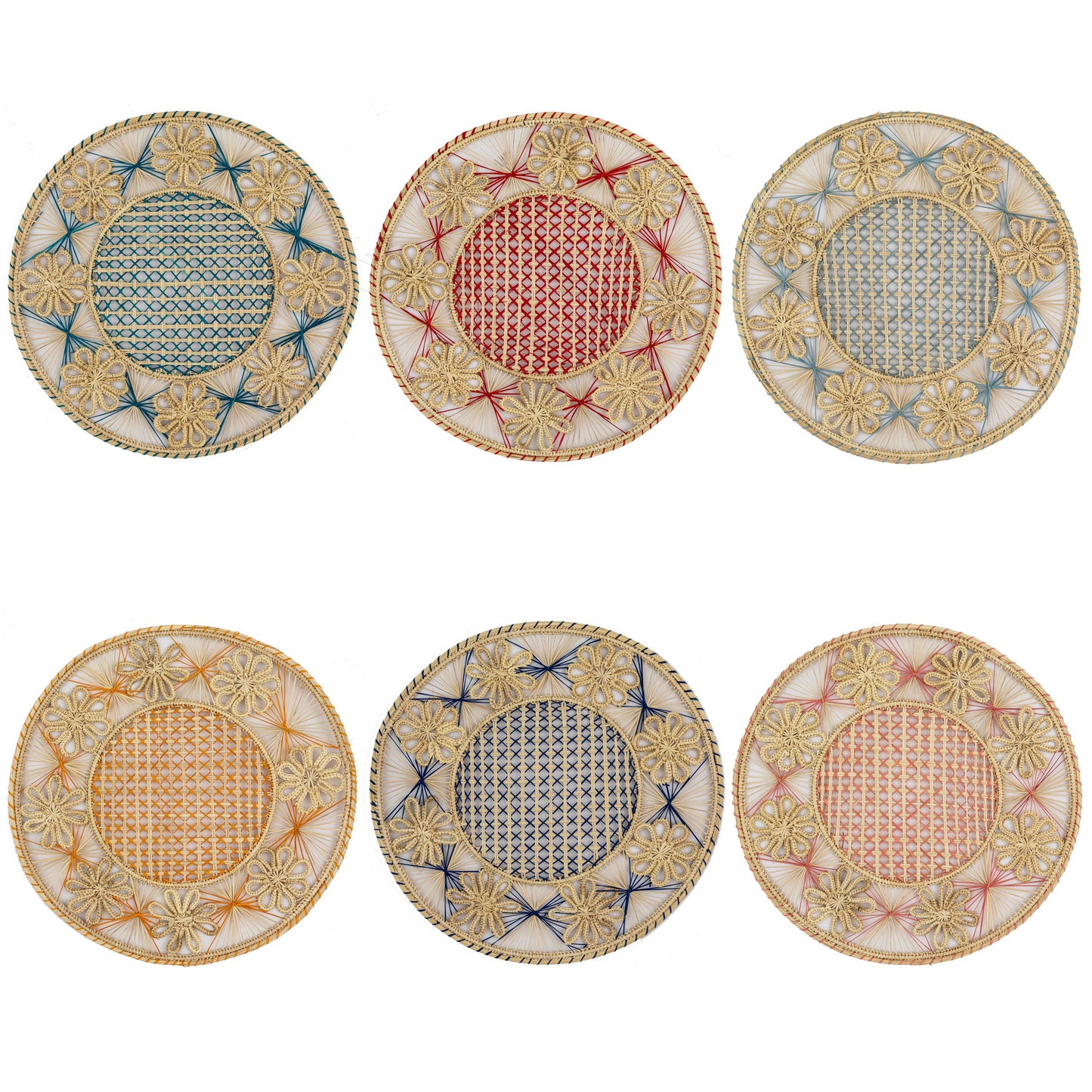 Set of 6 Handwoven Roseta Iraca Placemats Multicoloured