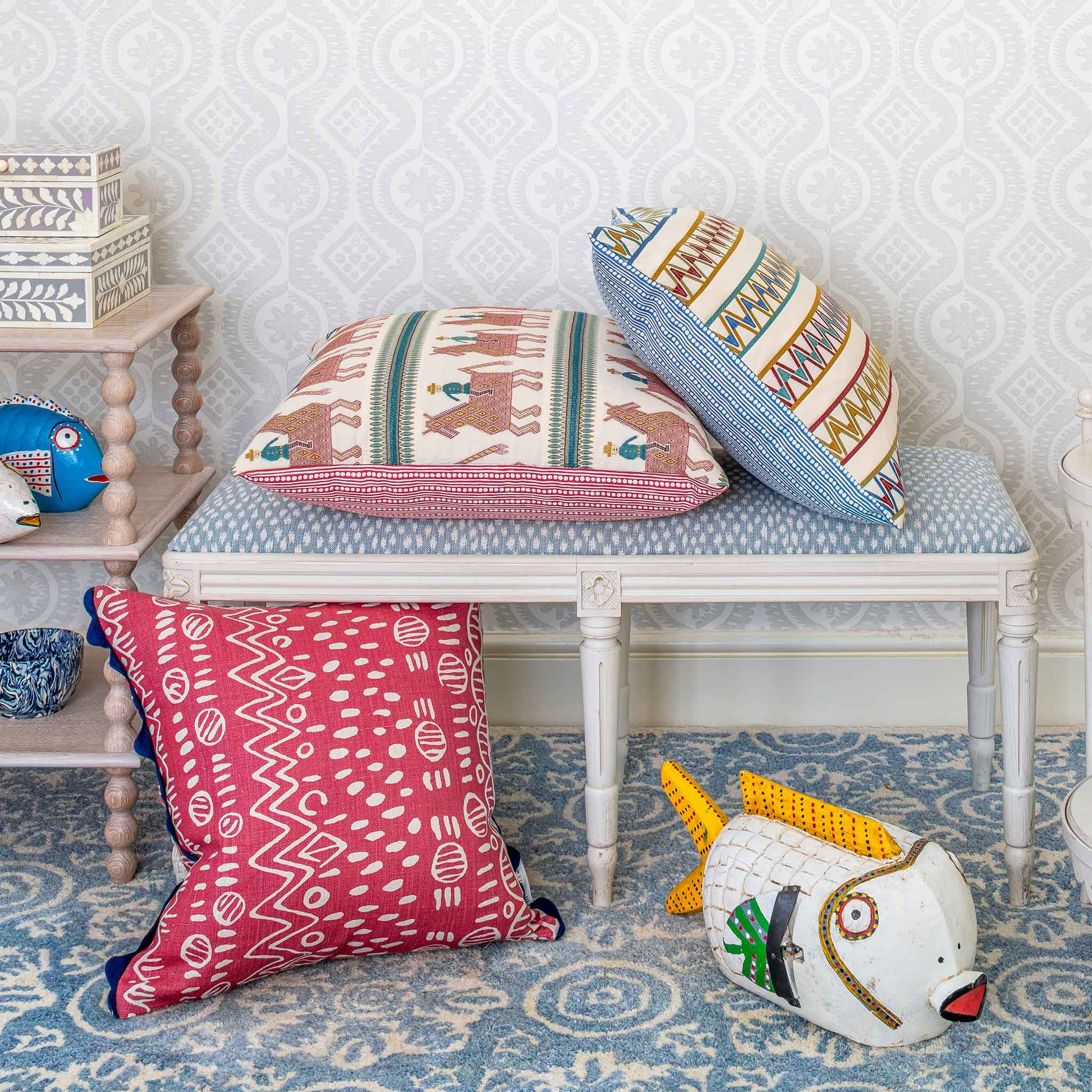 Zigzag striped multi square reversible cushion Burgundy blue