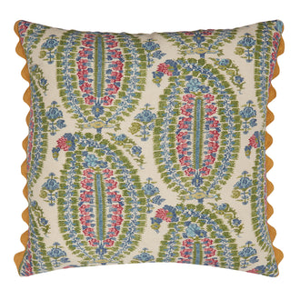 Anoushka paisley blue green pink square cushion yellow scallop rick rack Wicklewood