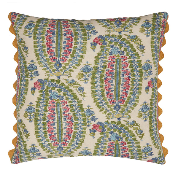 Anoushka paisley blue green pink square cushion yellow scallop rick rack Wicklewood