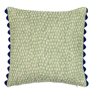 Reversible spotted green motif square cushion with indigo scalloped trim