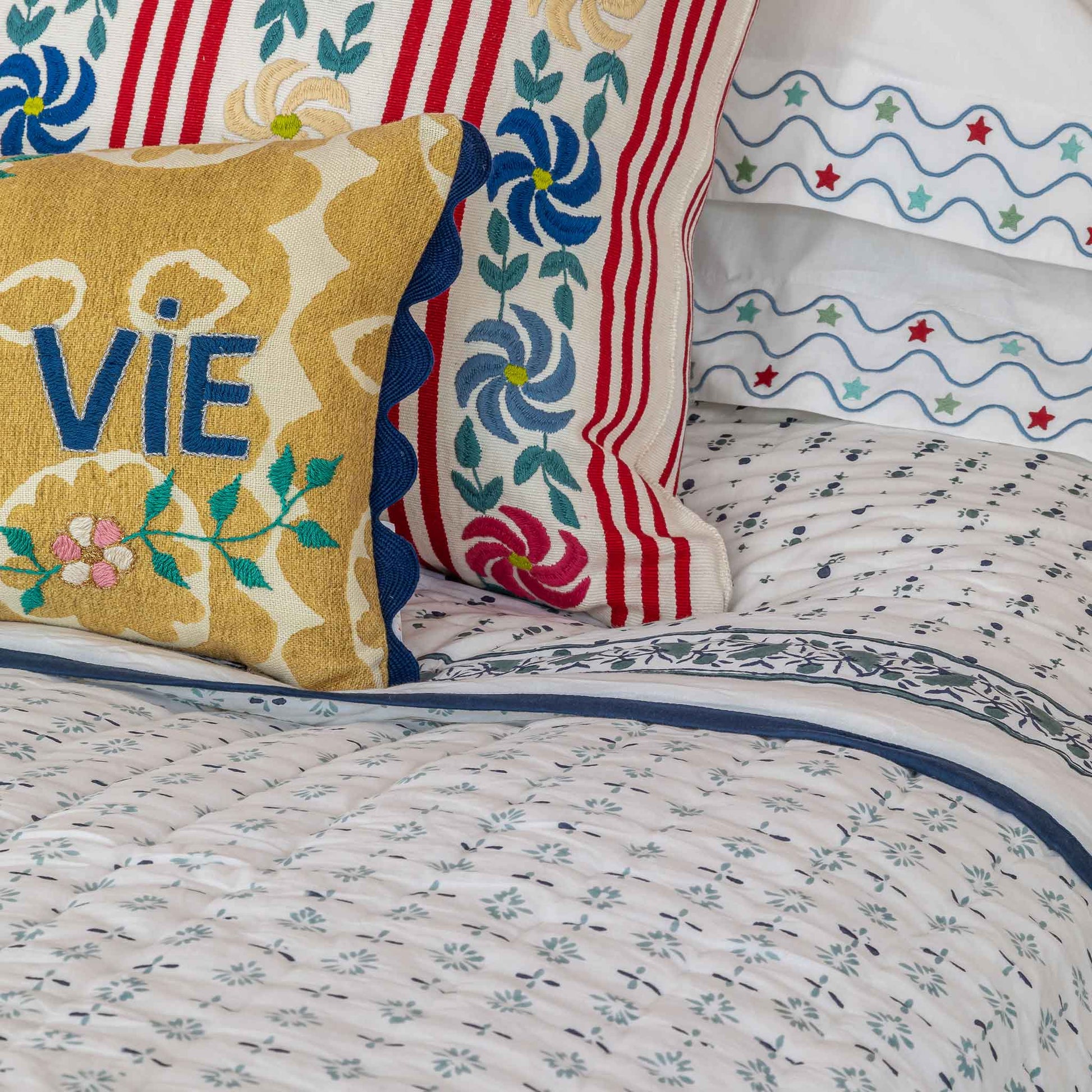 clavel reversible blue hand block printed quilt