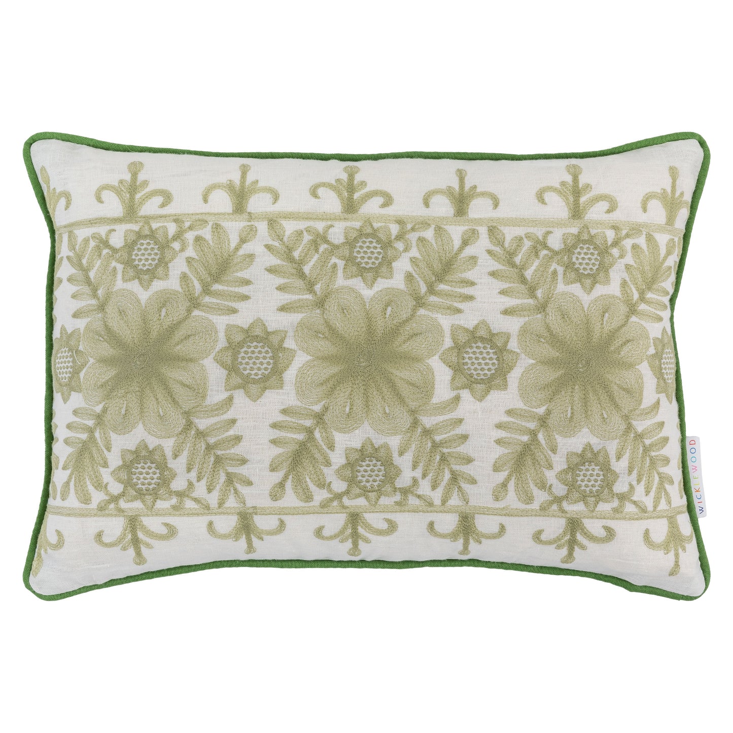 angelica green and white embroidered cushion 