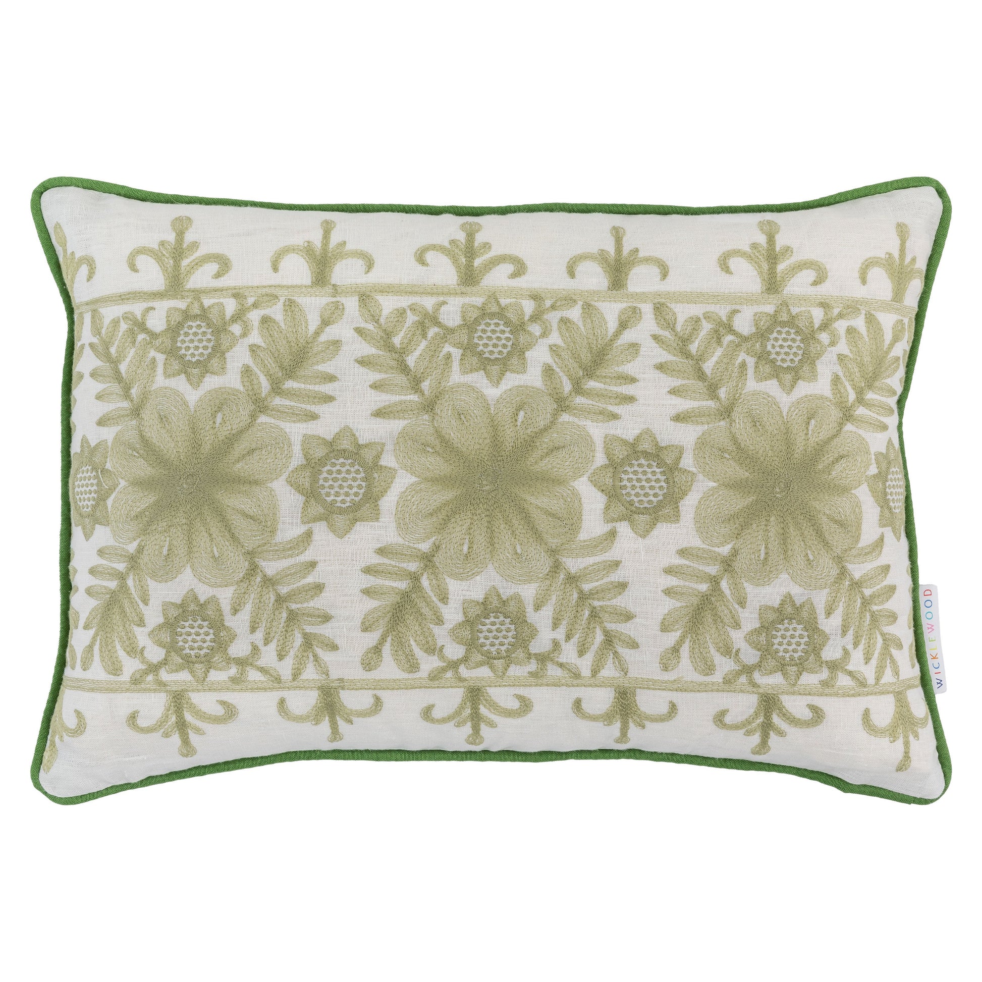 angelica green and white embroidered cushion 