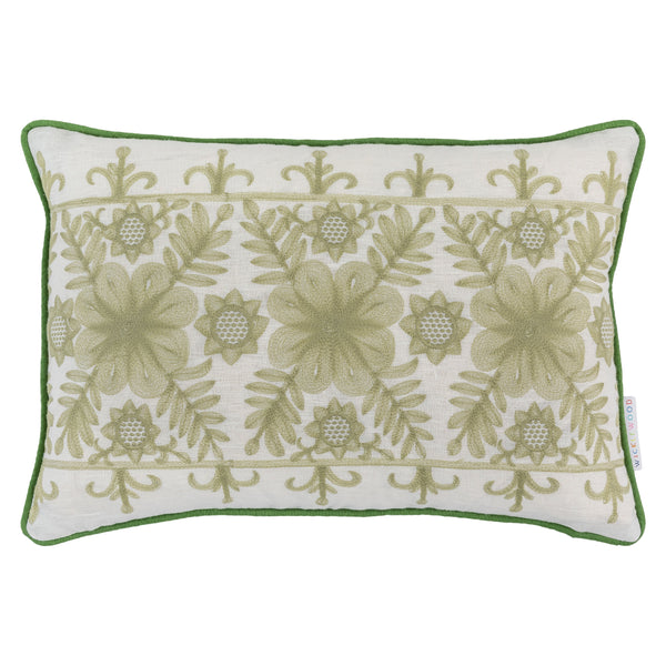 angelica green and white embroidered cushion 