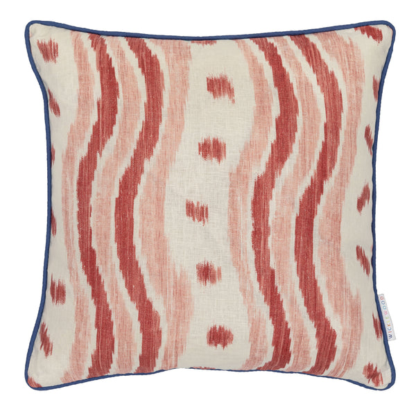 ikat stripe coral white patterned cushion blue pipping zig zag back