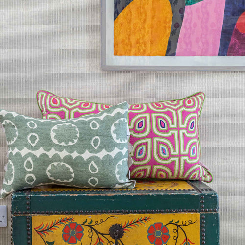 patterned green and cream cushion with scallop ric rac