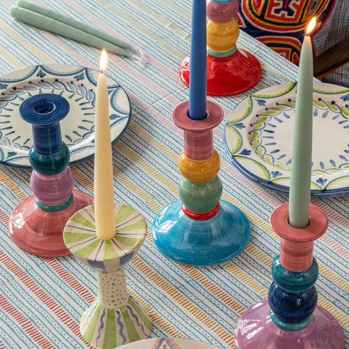 Multicoloured spots stripes dots tablecloth hand printed Wicklewood