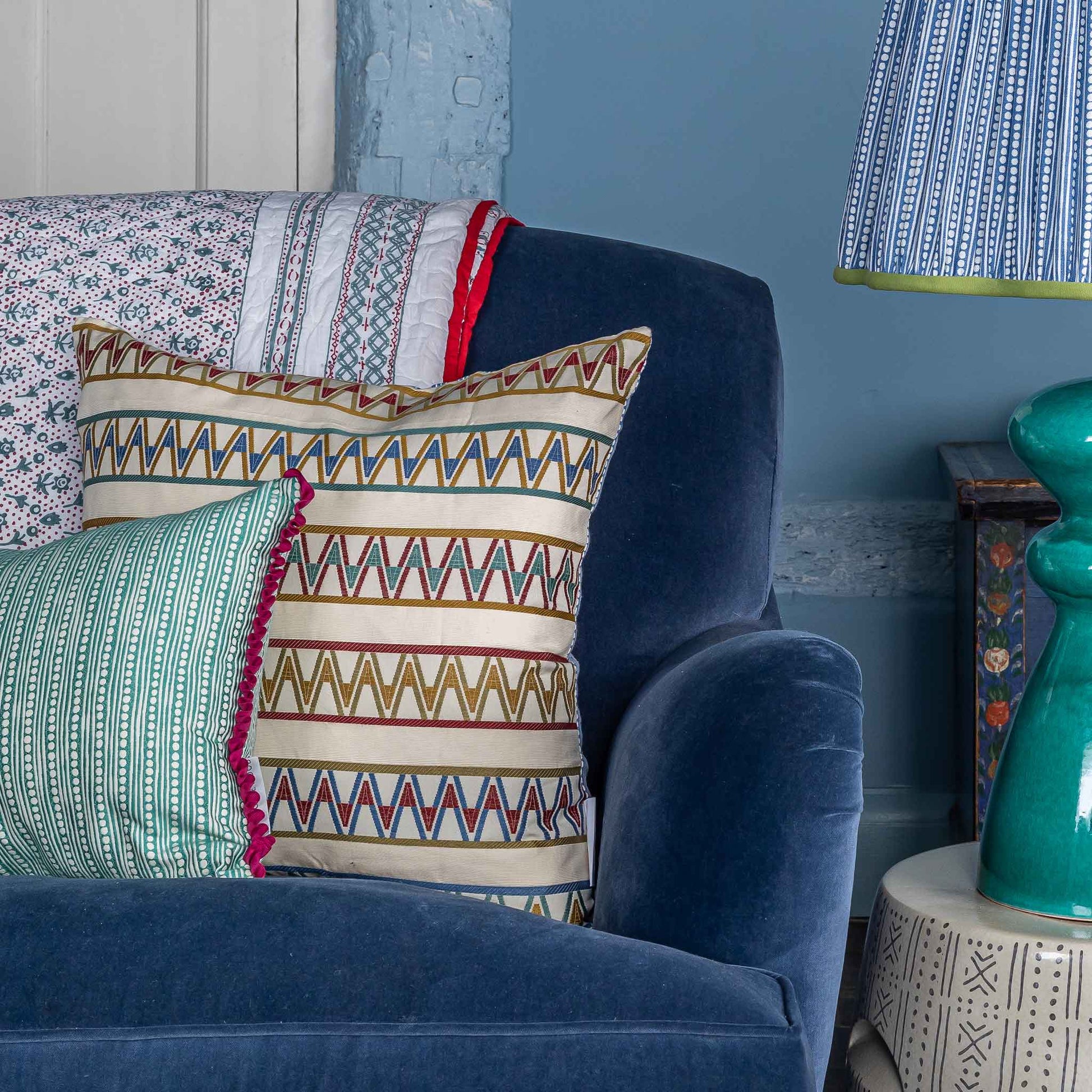 Zigzag striped multi square reversible cushion Burgundy blue