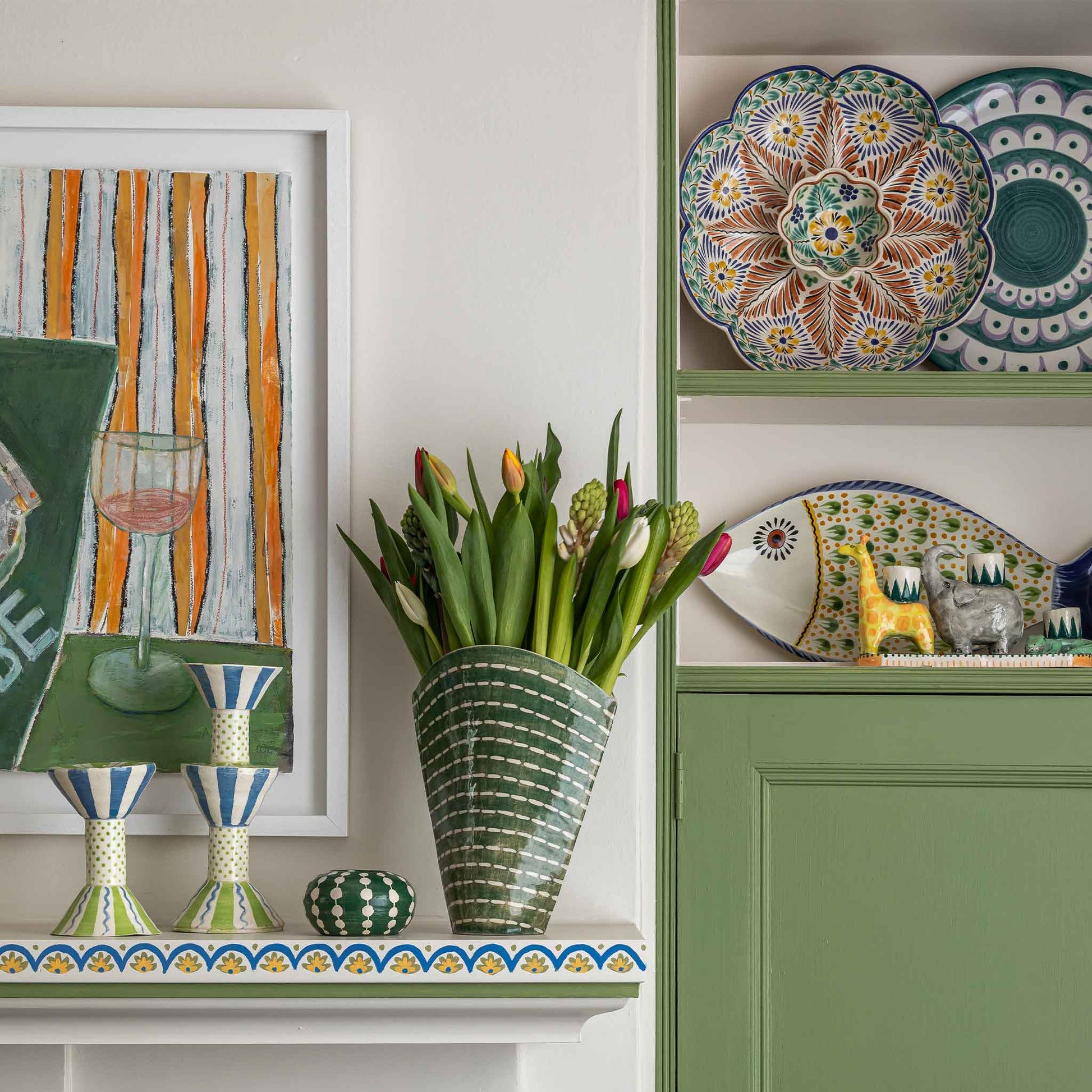 green and white handmade and hand painted fan vase